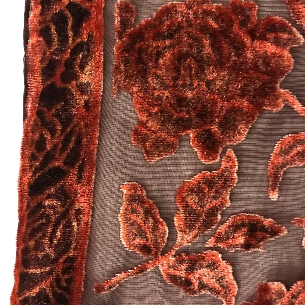 Floral Roses Burnout Velvet Scarf in Deep Burgundy Rust 100% Silk Fall Autumn